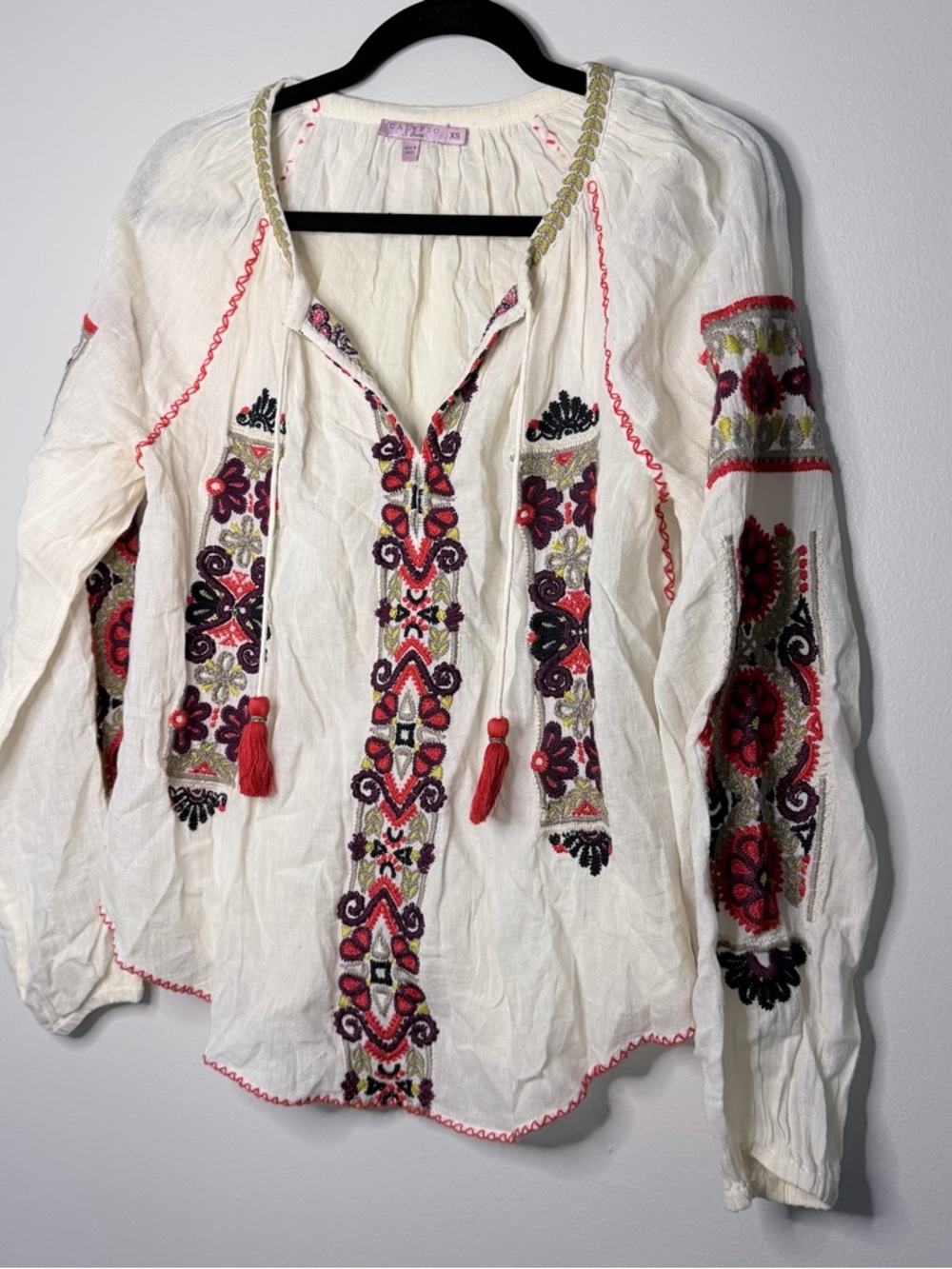 Embroidered Boho Peasant Blouse with Red Accents - Women Tops small flaw
